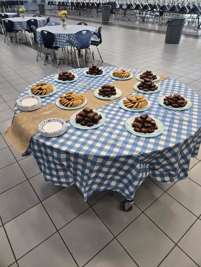 A dessert table of chocolate chip cookies and fudge brownies on a blue gingham tablecloth