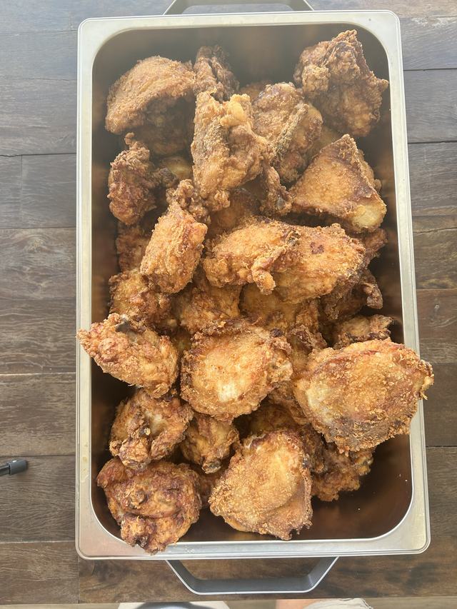 A pan piled high with golden Southern fried chicken